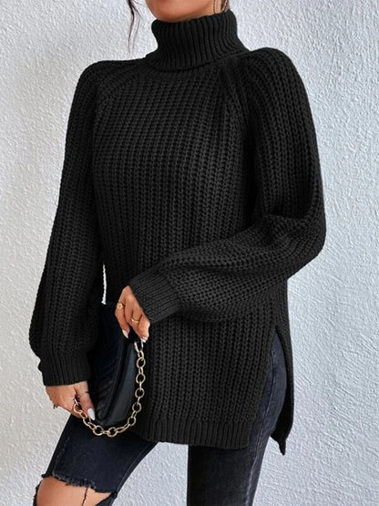 Turtleneck Rib-Knit Slit | Sweater