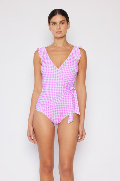 Carnation Pink Ruffle Faux Wrap | One-Piece Swimsuit