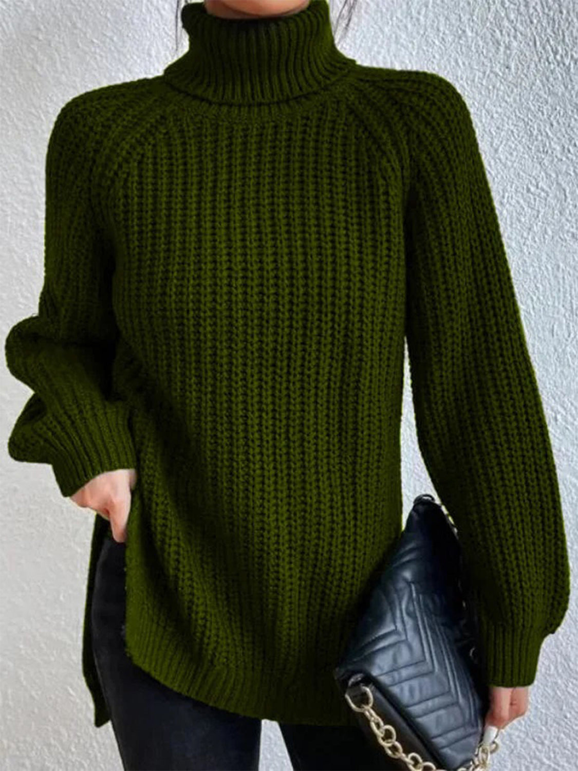 Turtleneck Rib-Knit Slit | Sweater