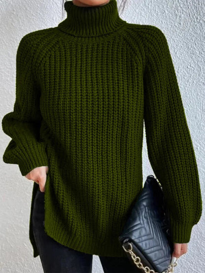 Turtleneck Rib-Knit Slit | Sweater