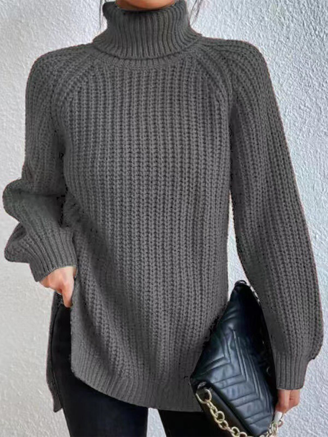 Turtleneck Rib-Knit Slit | Sweater