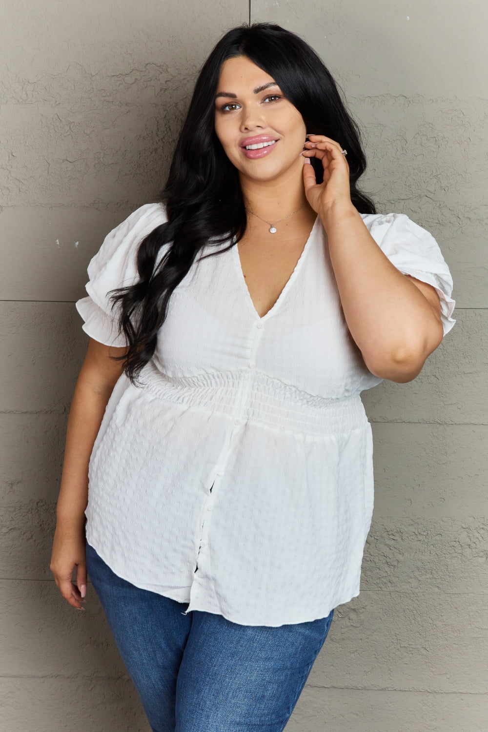 V-Neck Puff Sleeve Button Down | Top