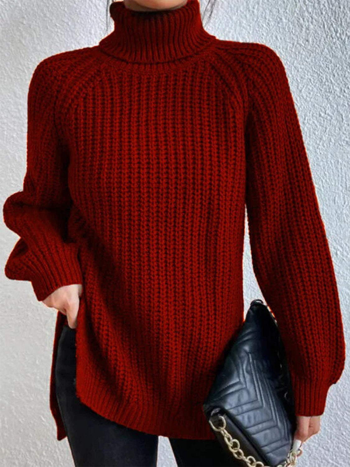 Turtleneck Rib-Knit Slit | Sweater