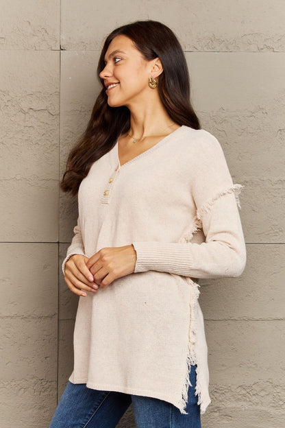 Buttoned Dropped Shoulder Raw Hem Pullover | Sweater