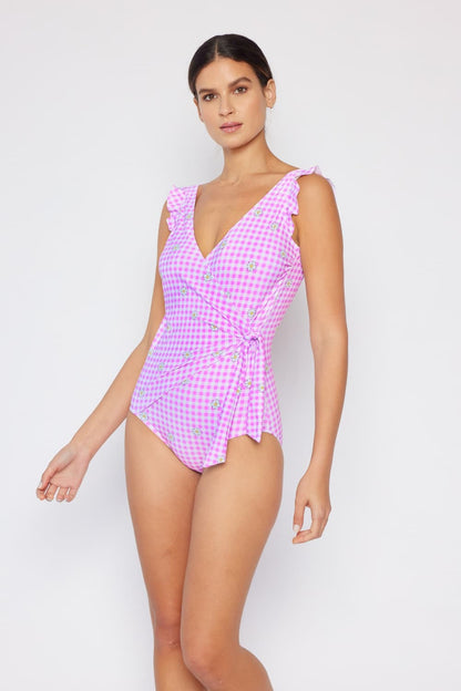 Carnation Pink Ruffle Faux Wrap | One-Piece Swimsuit