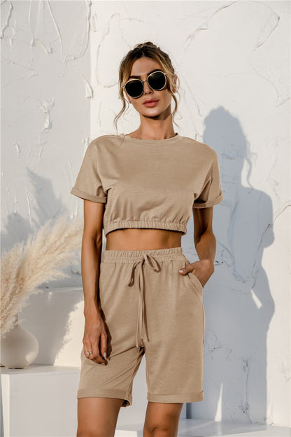Short Sleeve Cropped Top and Drawstring Shorts | Lounge Set