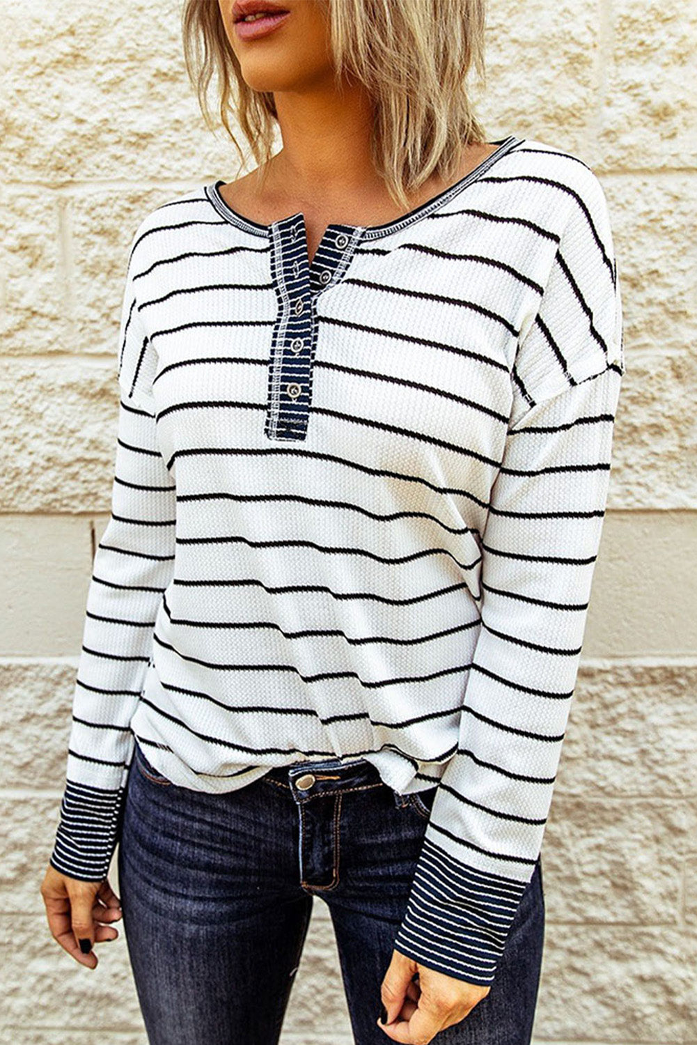 Striped Waffle Knit Henley Long Sleeve | Top