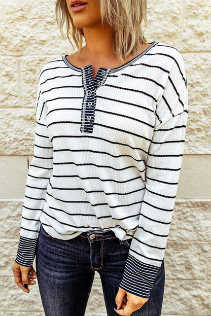 Striped Waffle Knit Henley Long Sleeve | Top