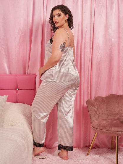 Vertical Stripe Lace Trim Cami + Pants | Pajama Set
