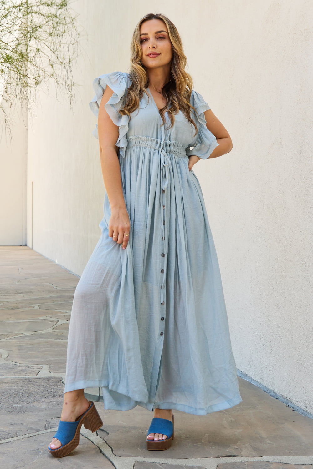 Drawstring Deep V Butterfly Sleeve Maxi | Dress