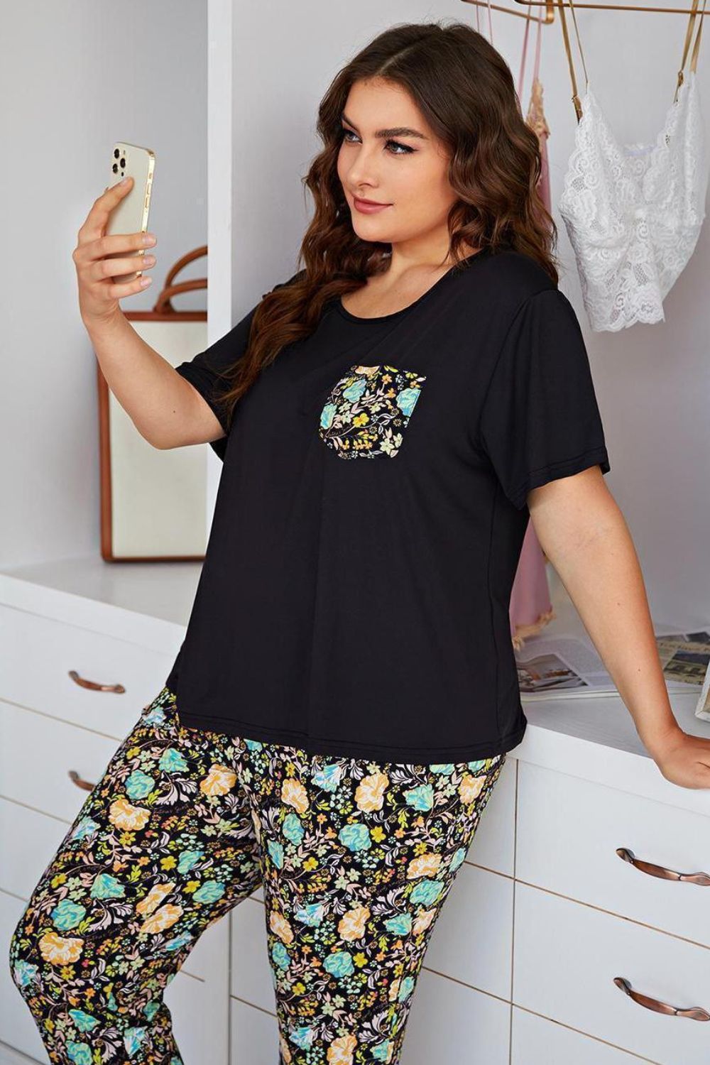 Contrast Round Neck Tee + Floral Pants | Lounge Set
