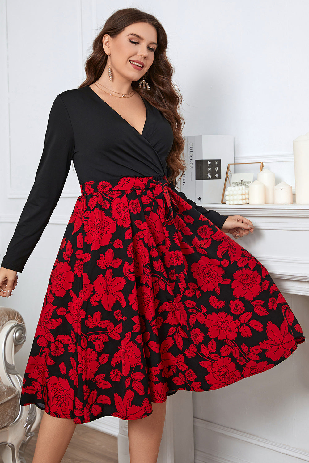 Floral Surplice Neck Long Sleeve Midi | Dress