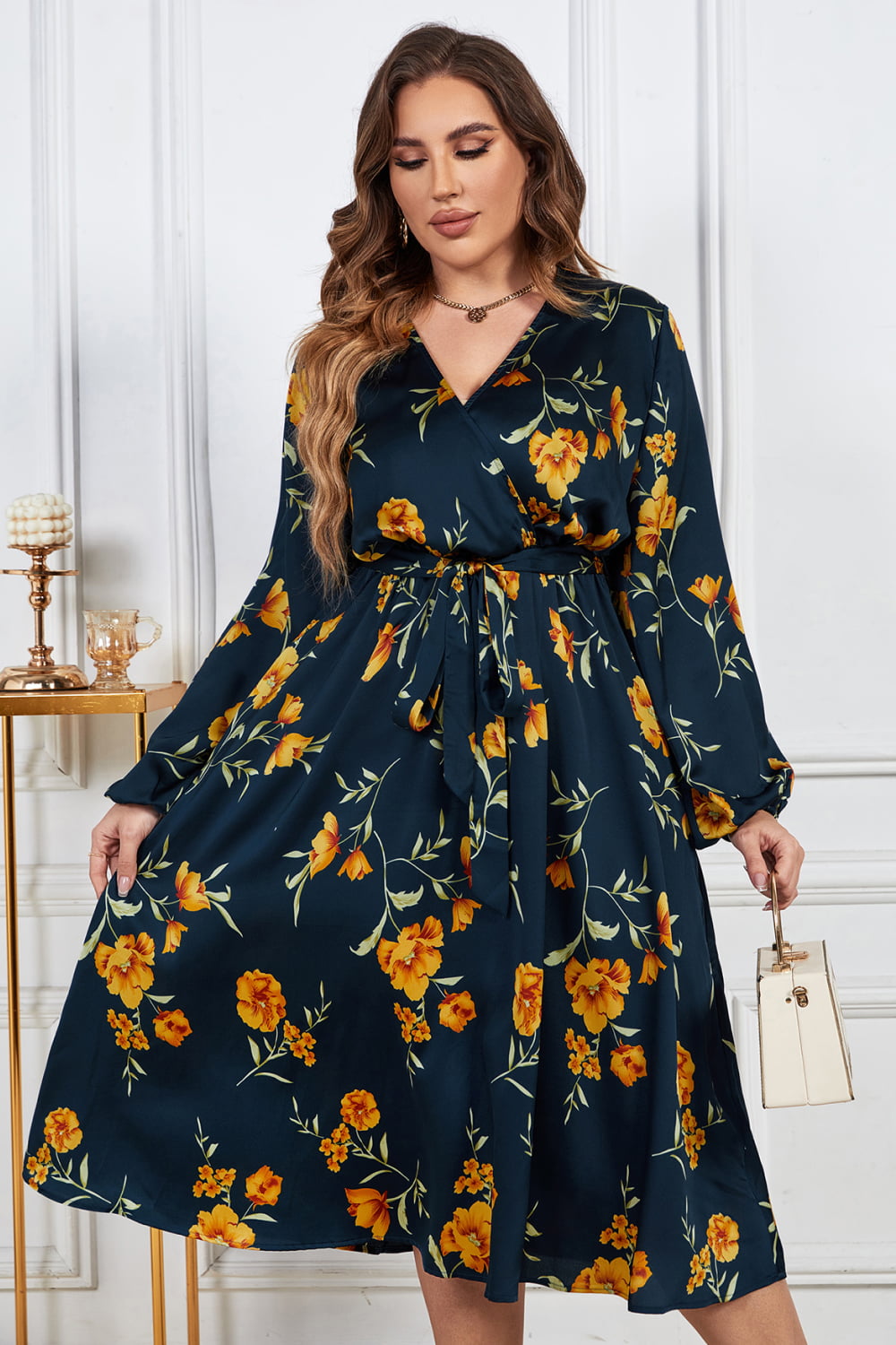 Floral Print Surplice Neck Midi | Dress