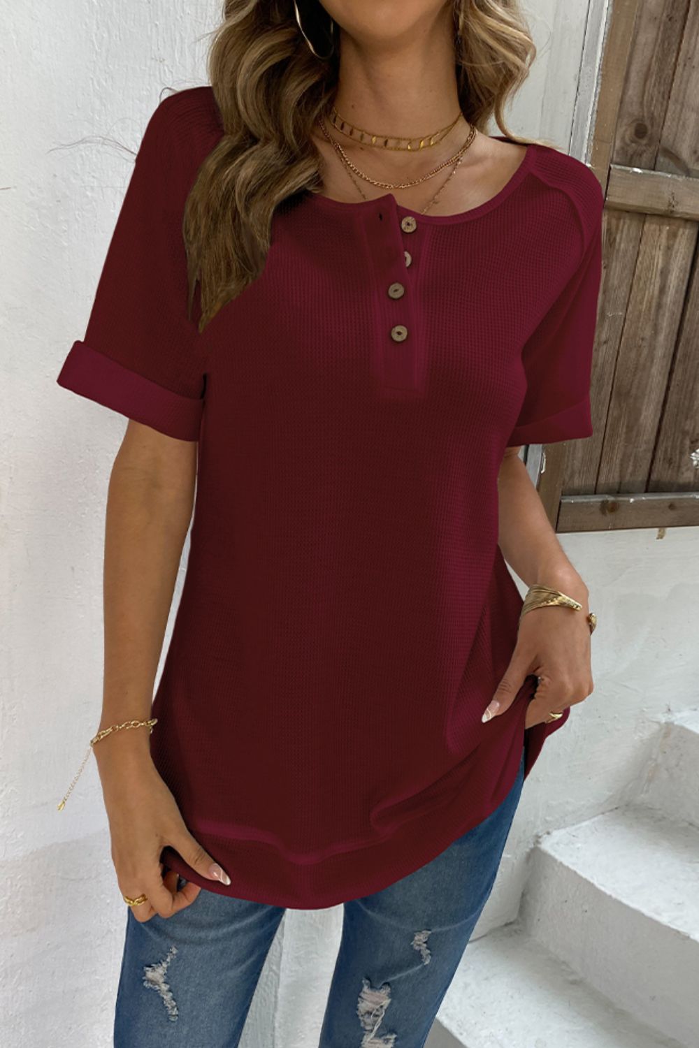 Cuffed Sleeve Henley | Top