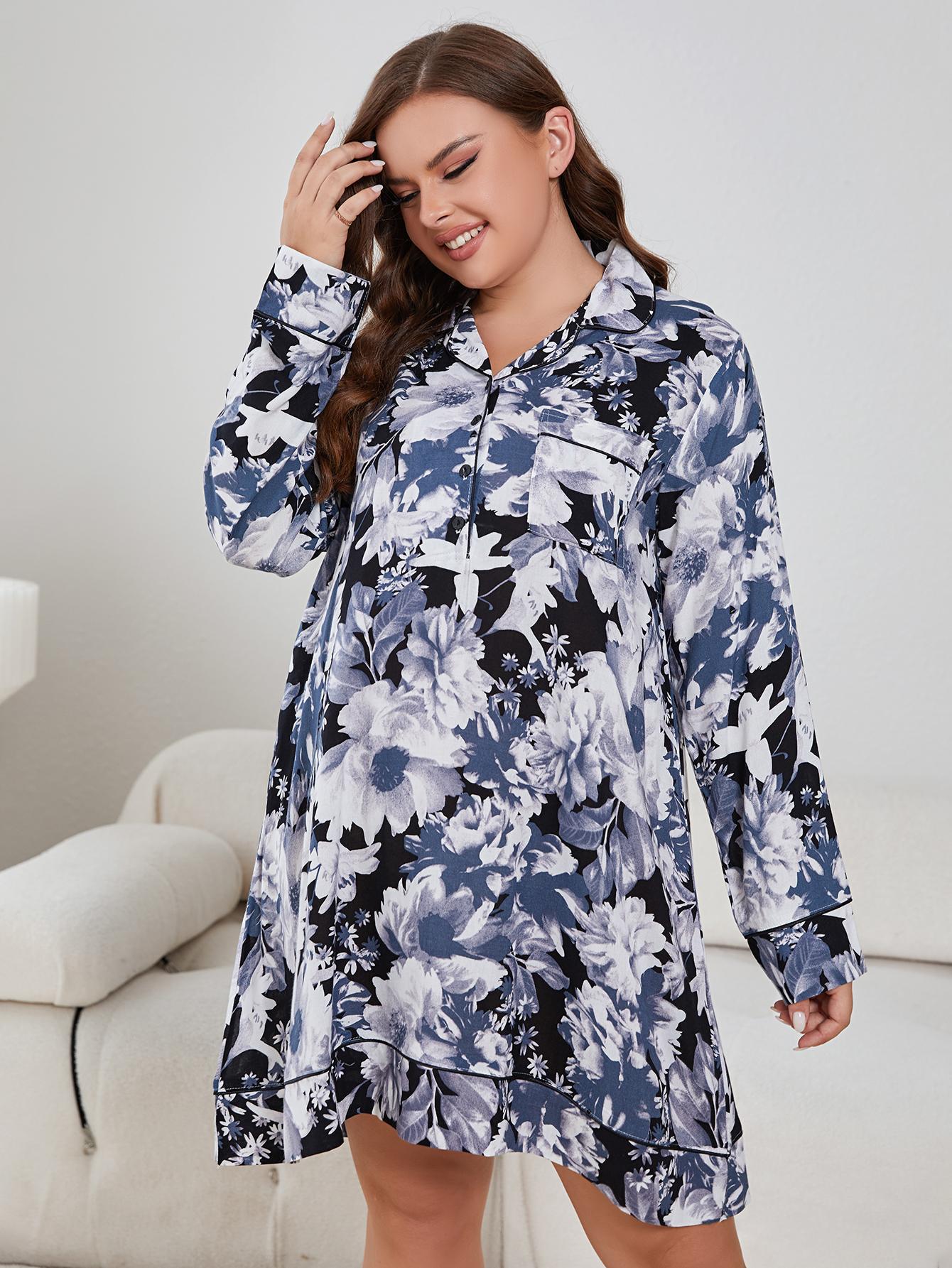 Floral Lapel Collar Long Sleeve | Night Dress