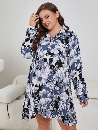 Floral Lapel Collar Long Sleeve | Night Dress
