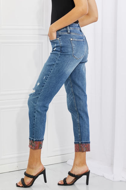 Mid Rise Paisley Patch Cuff Boyfriend | Jeans