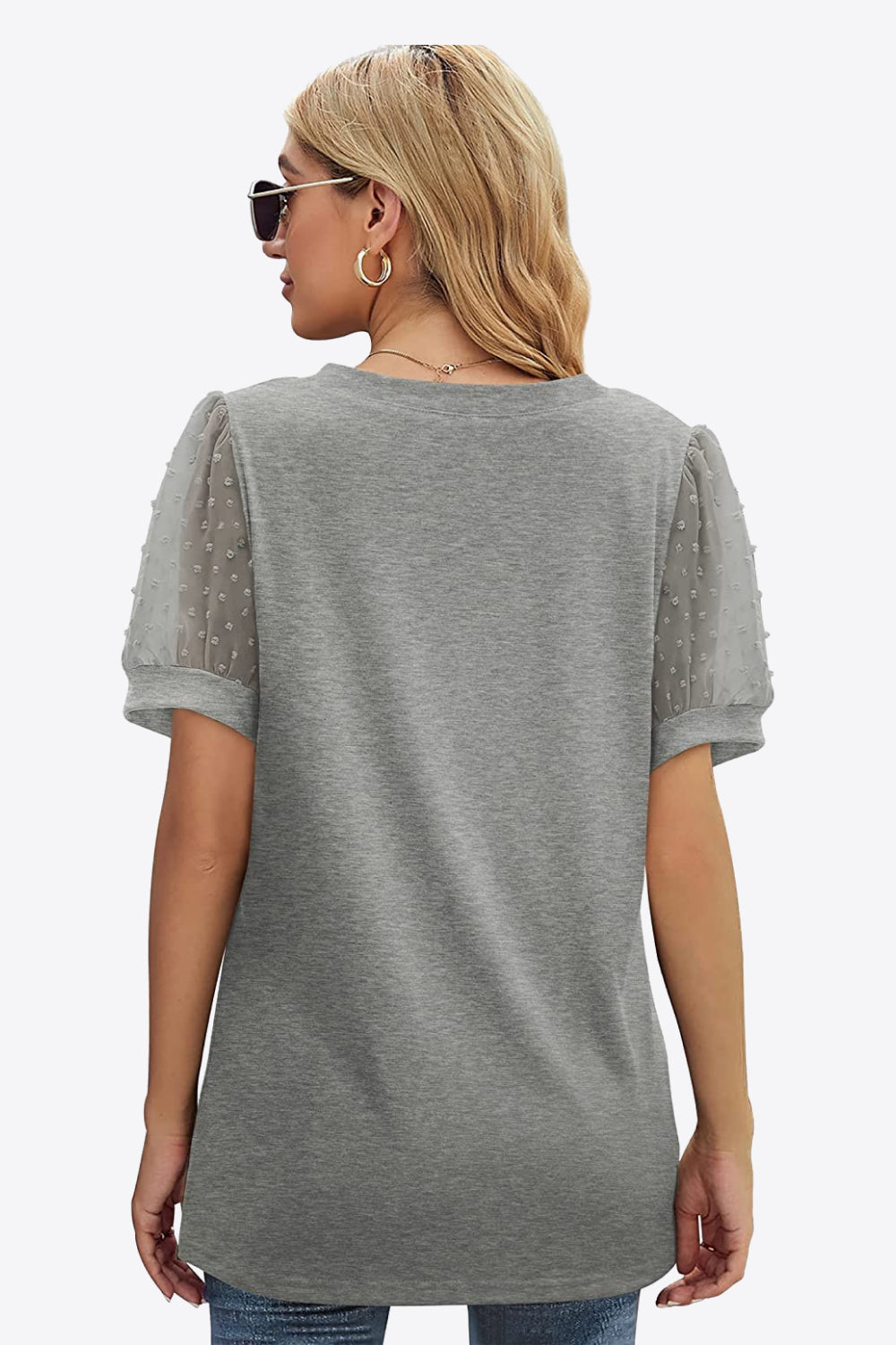 Swiss Dot Puff Sleeve V-Neck | Tee