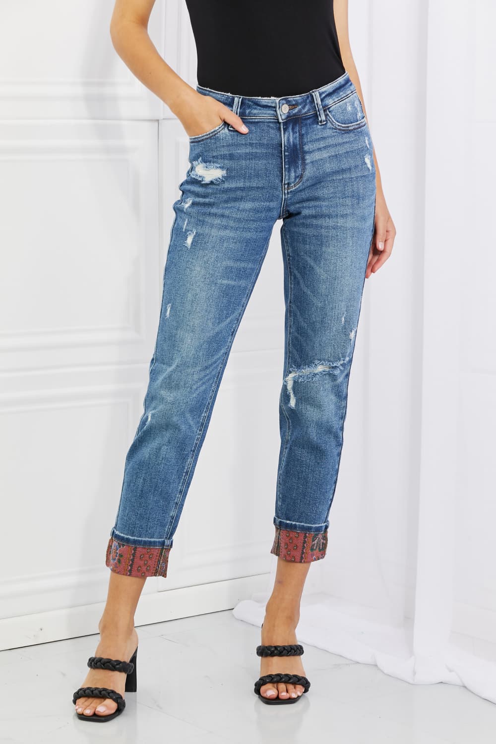 Mid Rise Paisley Patch Cuff Boyfriend | Jeans