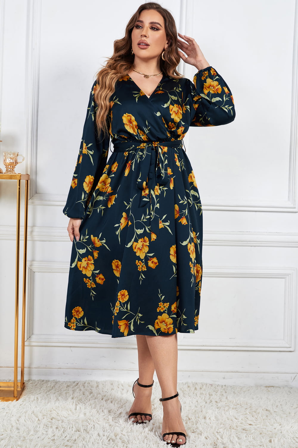 Floral Print Surplice Neck Midi | Dress