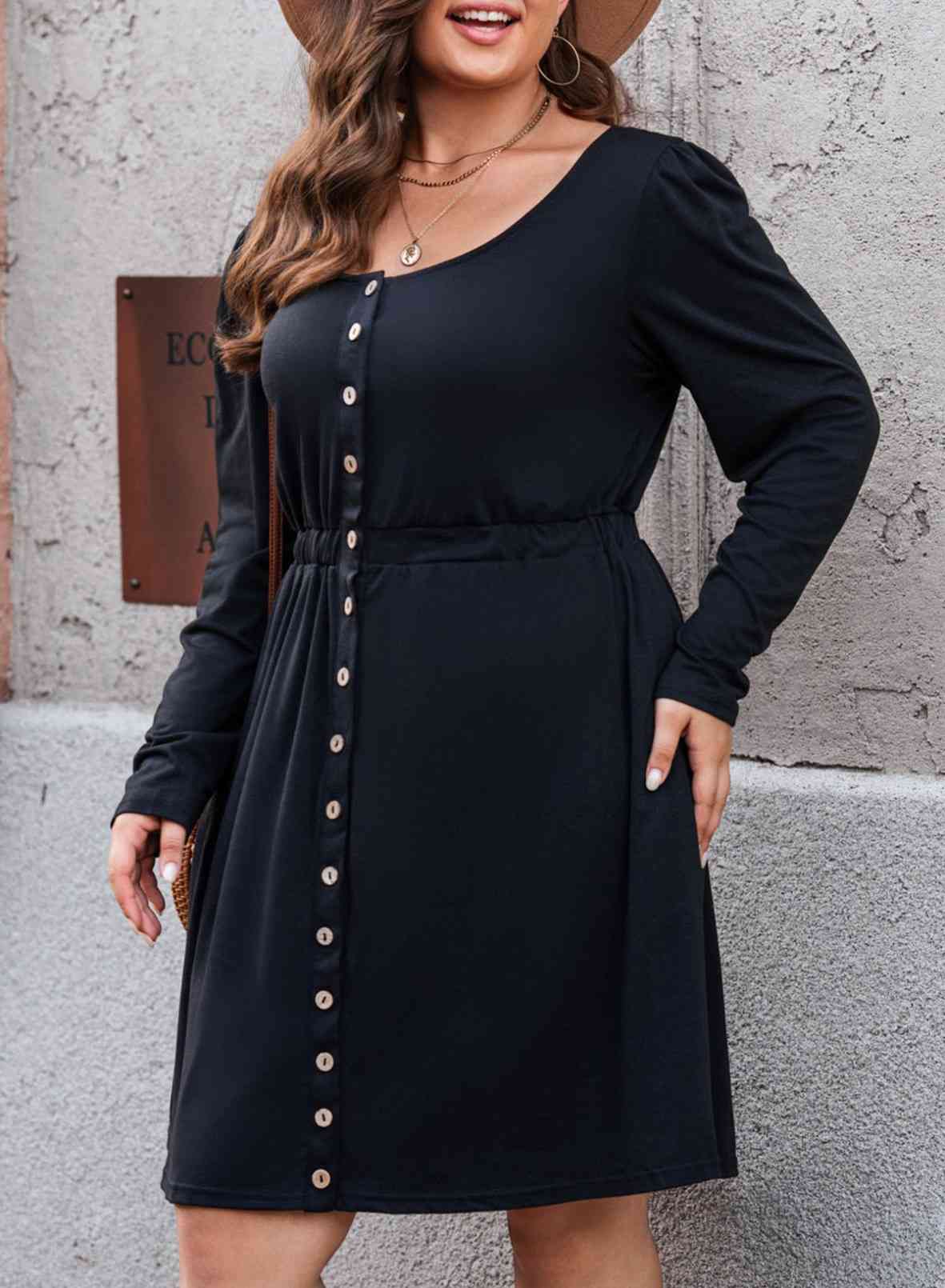 Button Front Elastic Waist Long Sleeve | Dress