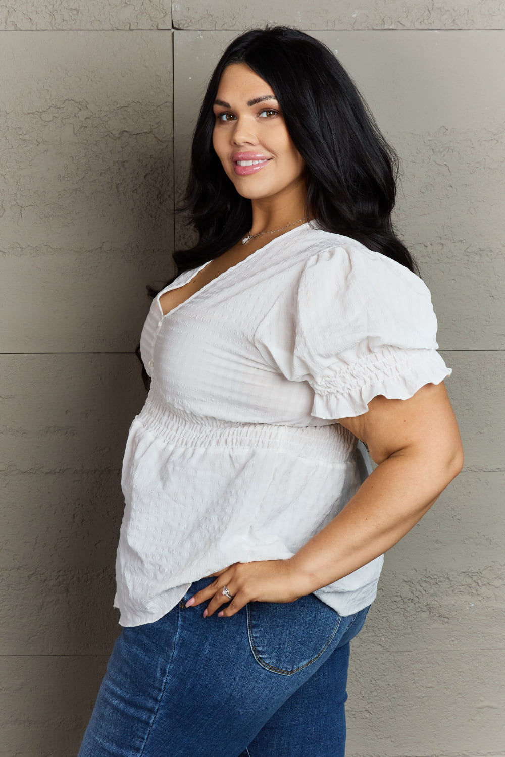 V-Neck Puff Sleeve Button Down | Top