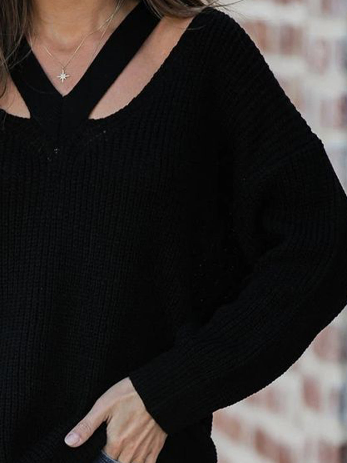 Cutout V-Neck Rib-Knit | Sweater
