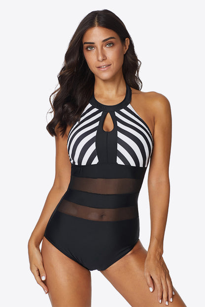 Striped Cutout Spliced Mesh Halter Neck | One-Piece Swimsuit