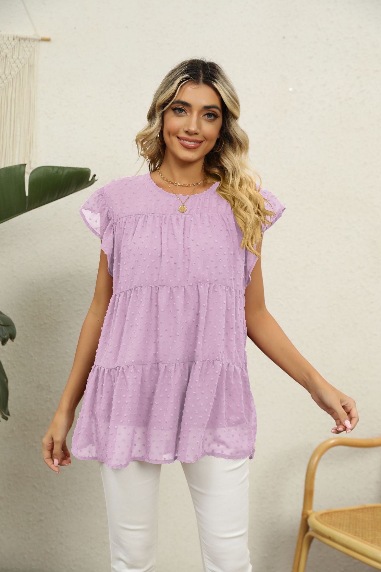 Swiss Dot Round Neck Tiered | Blouse