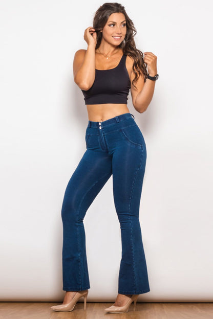 Comfy Huggers Navy Buttoned Flare Long | Jeans