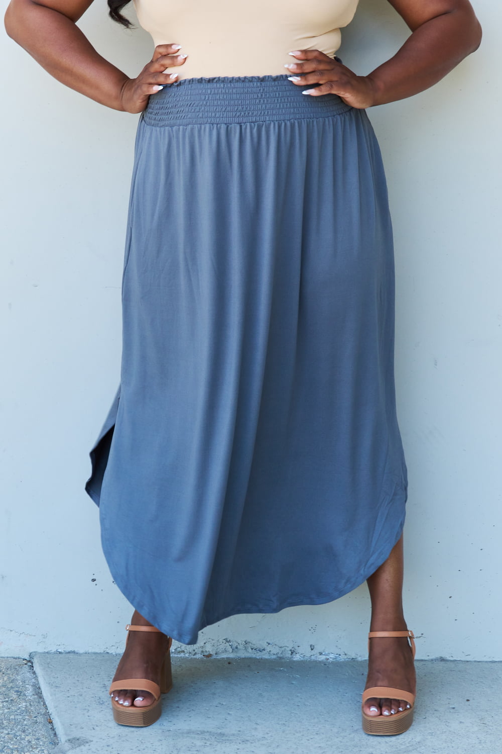 Dusty Blue High Waist Scoop Hem | Maxi Skirt
