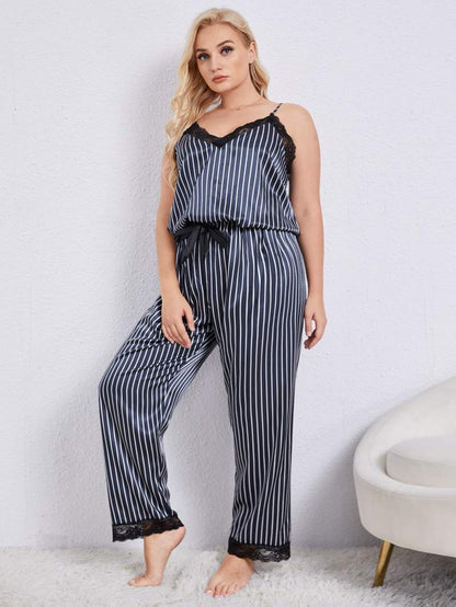 Vertical Stripe Lace Trim Cami + Pants | Pajama Set