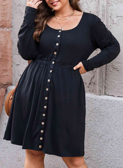 Button Front Elastic Waist Long Sleeve | Dress