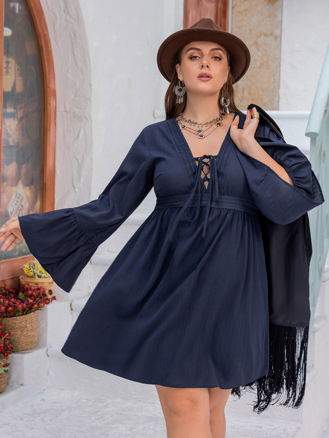 Tie Front V-Neck Flare Sleeve | Dress