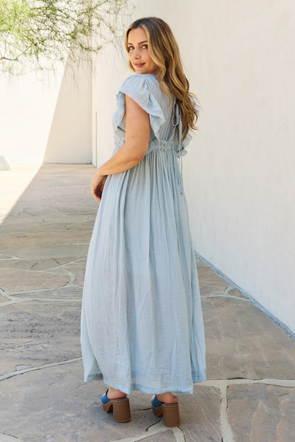 Drawstring Deep V Butterfly Sleeve Maxi | Dress