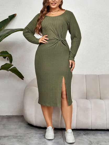 Ribbed Round Neck Twisted Slit Midi | Dress