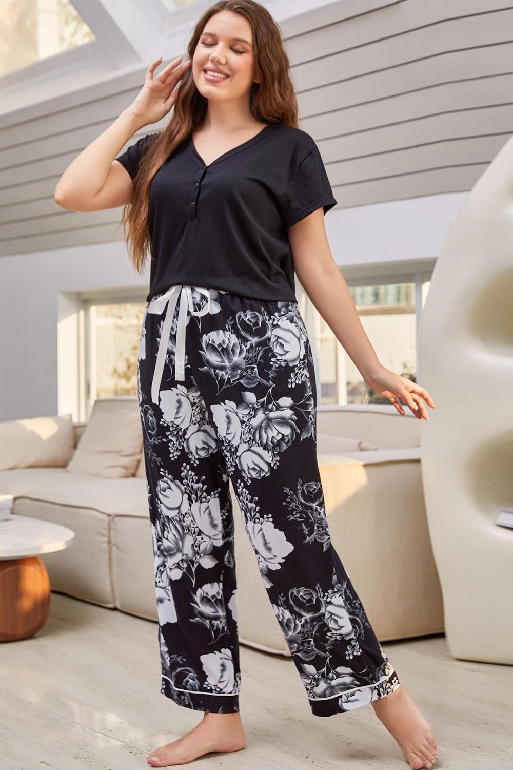 V-Neck Top and Floral Pants | Lounge Set