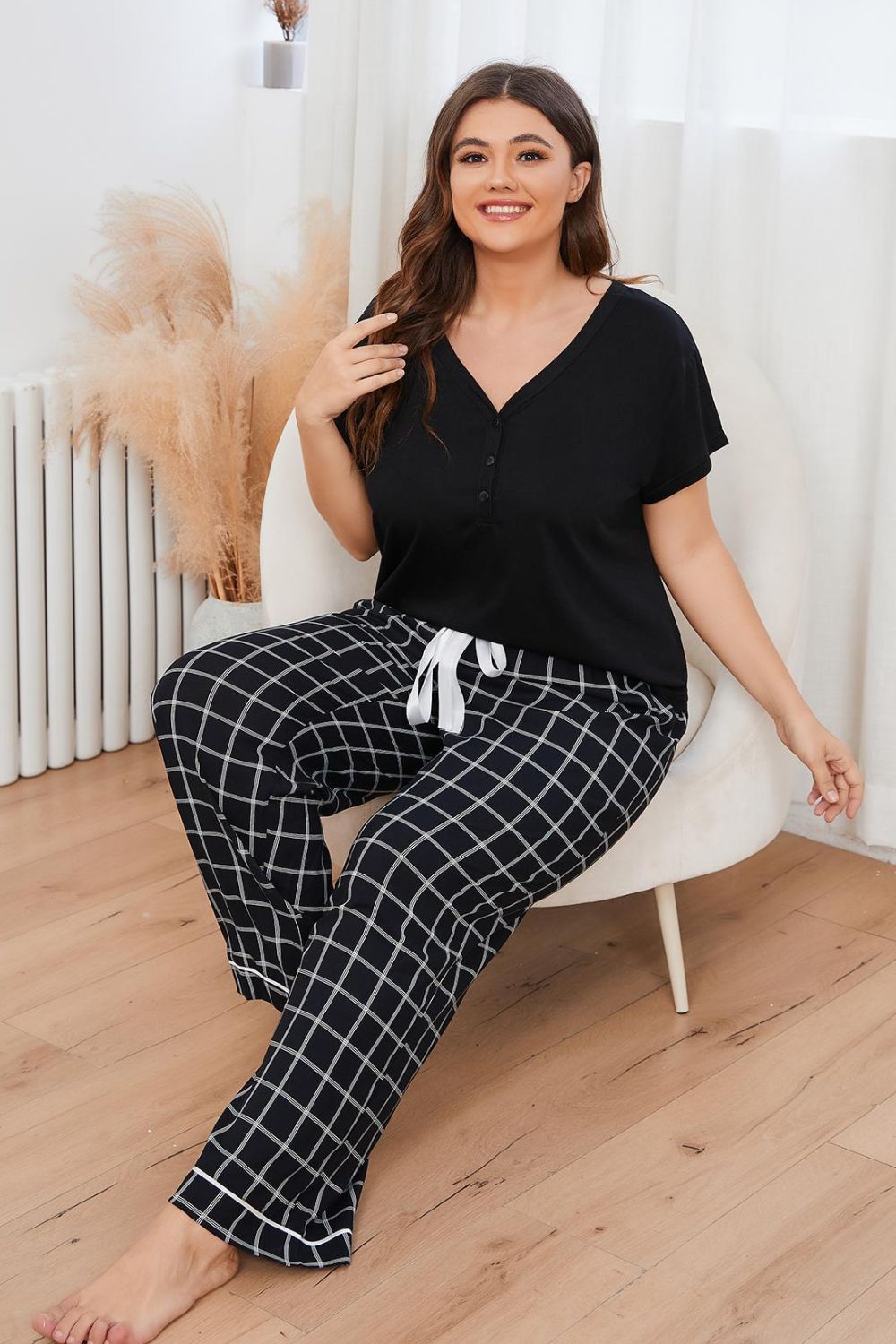 V-Neck Top + Plaid Pants | Lounge Set
