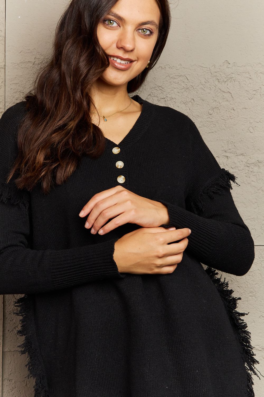 Buttoned Dropped Shoulder Raw Hem Pullover | Sweater