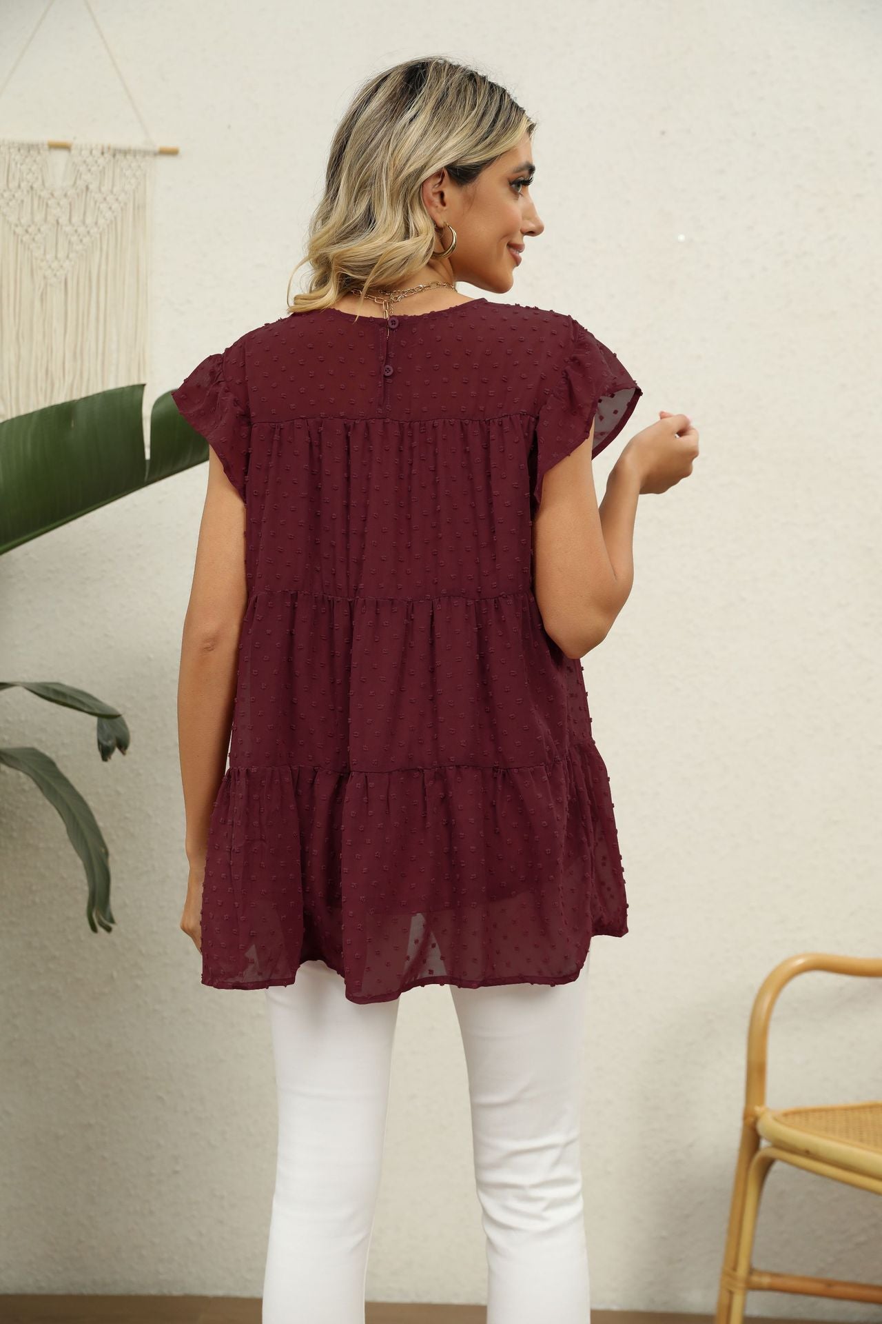 Swiss Dot Round Neck Tiered | Blouse