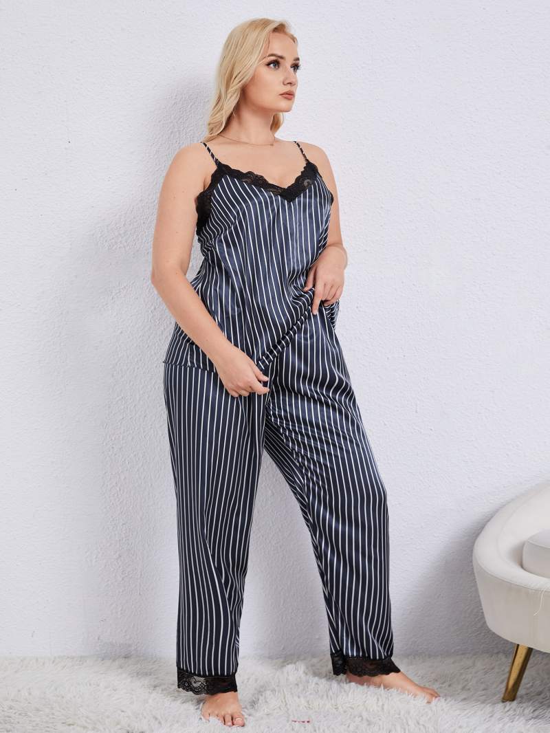Vertical Stripe Lace Trim Cami + Pants | Pajama Set