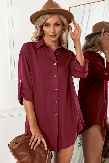 Solid Button Up Drop Shoulder | Blouse