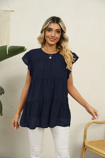 Swiss Dot Round Neck Tiered | Blouse