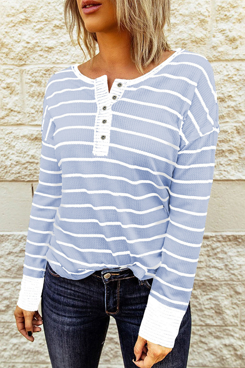 Striped Waffle Knit Henley Long Sleeve | Top