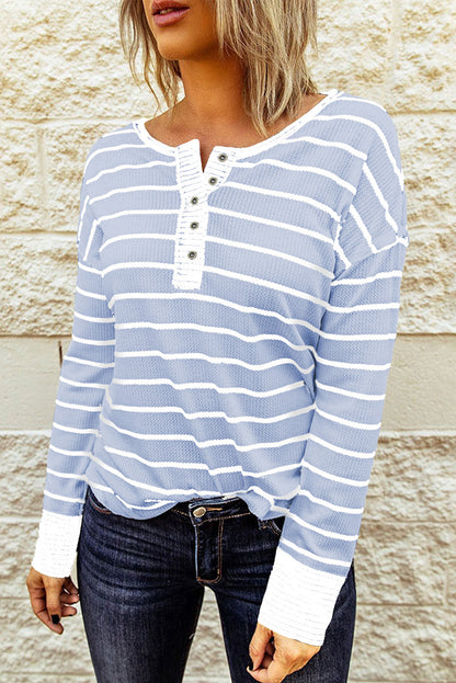 Striped Waffle Knit Henley Long Sleeve | Top