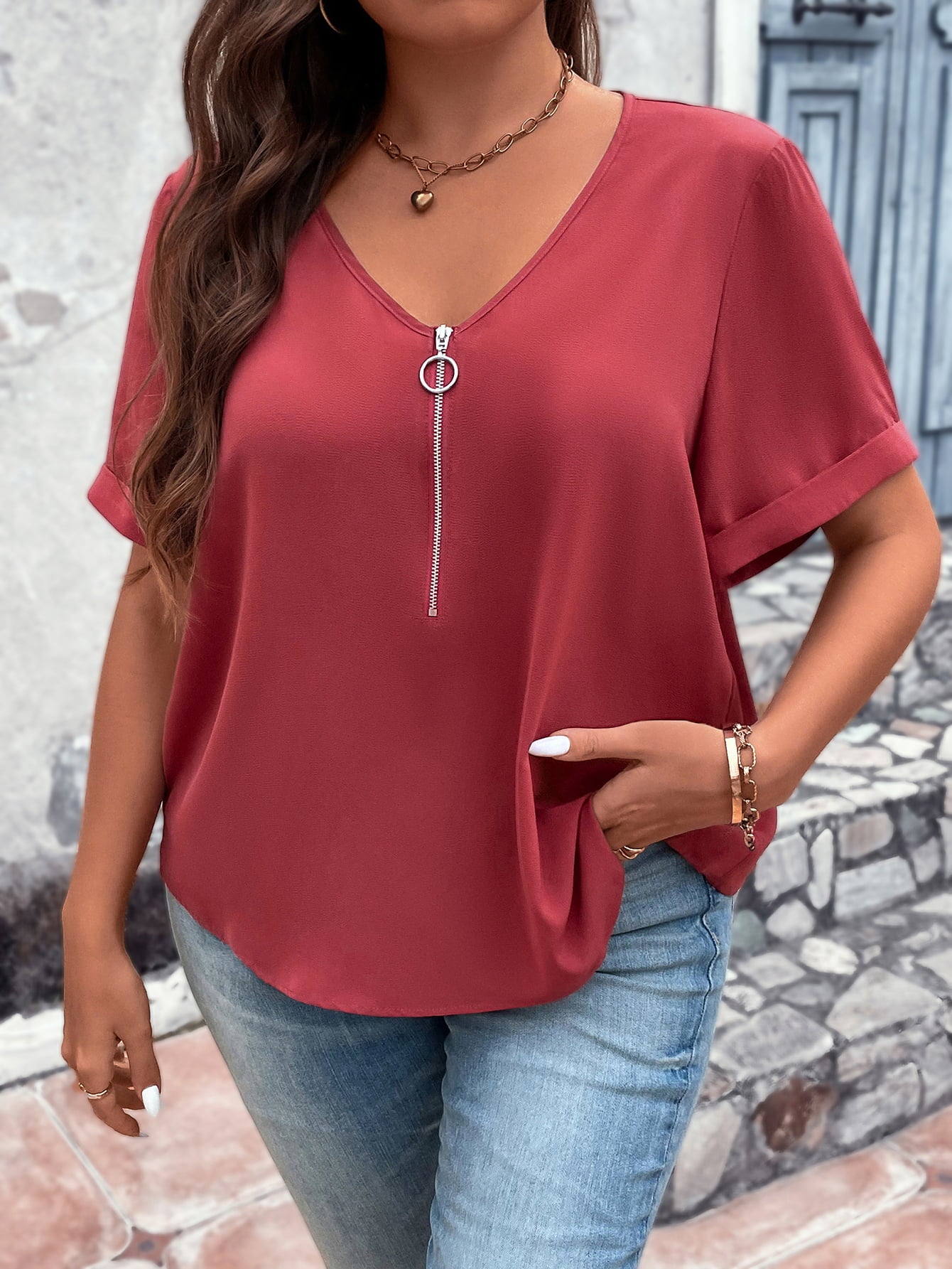 V-Neck Short Sleeve | Blouse with Zipper