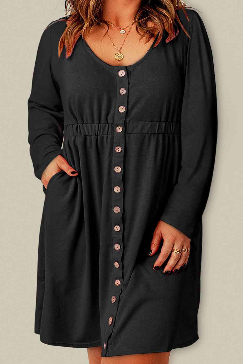 Button Front Elastic Waist Long Sleeve | Dress