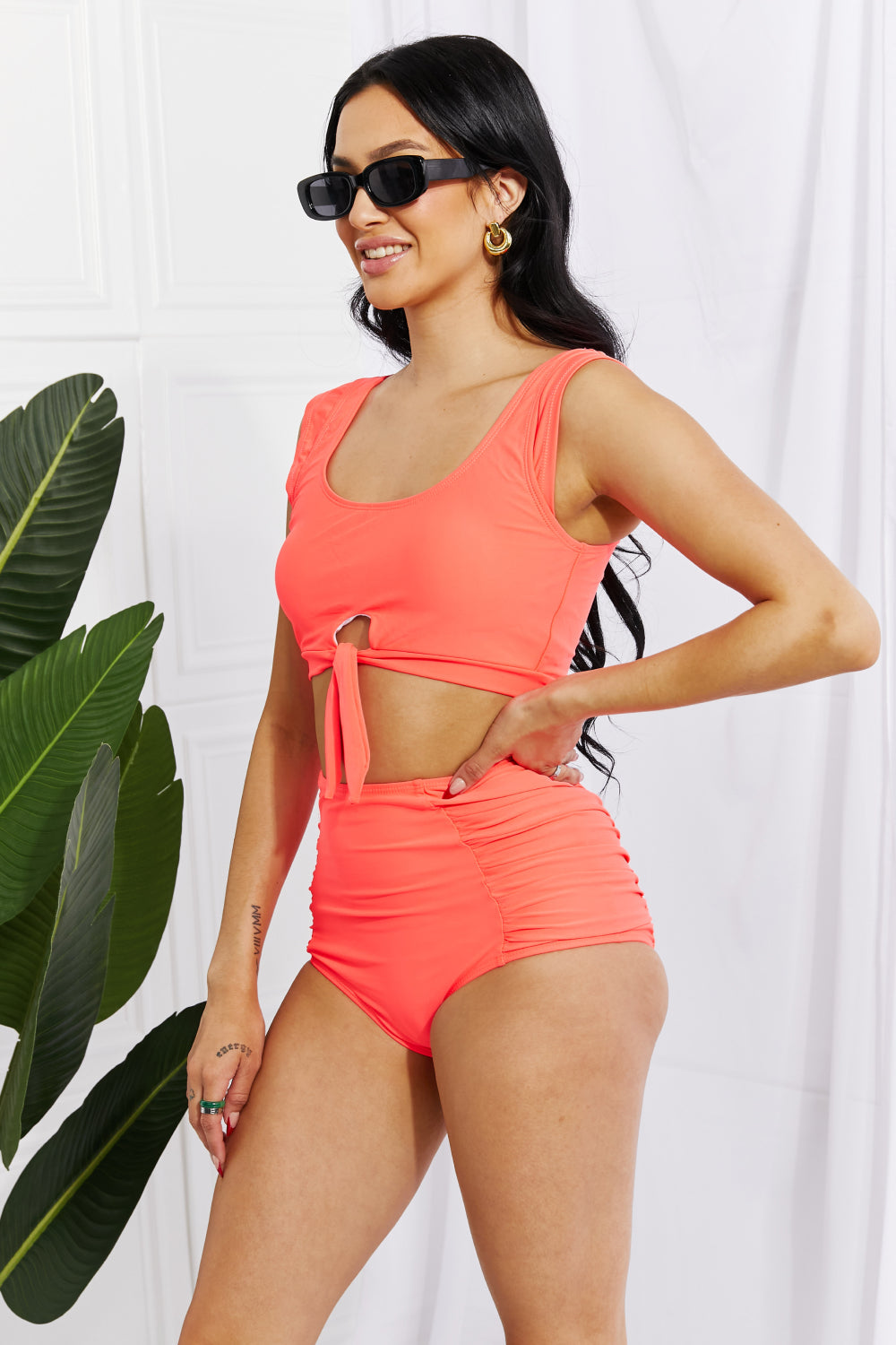 Coral Crop Top and Ruched Bottoms | Swimwear Set