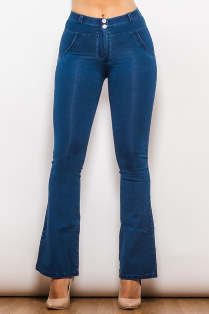 Comfy Huggers Navy Buttoned Flare Long | Jeans