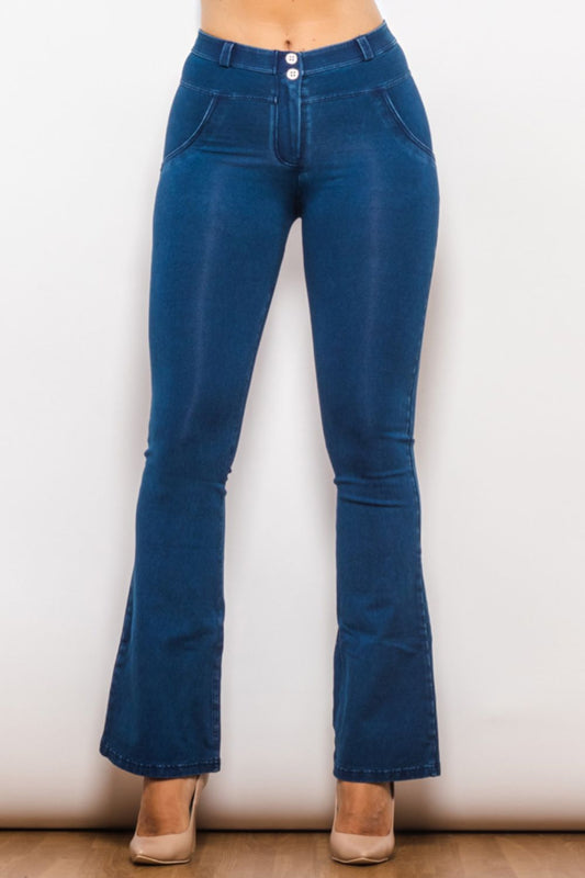 Comfy Huggers Navy Buttoned Flare Long | Jeans